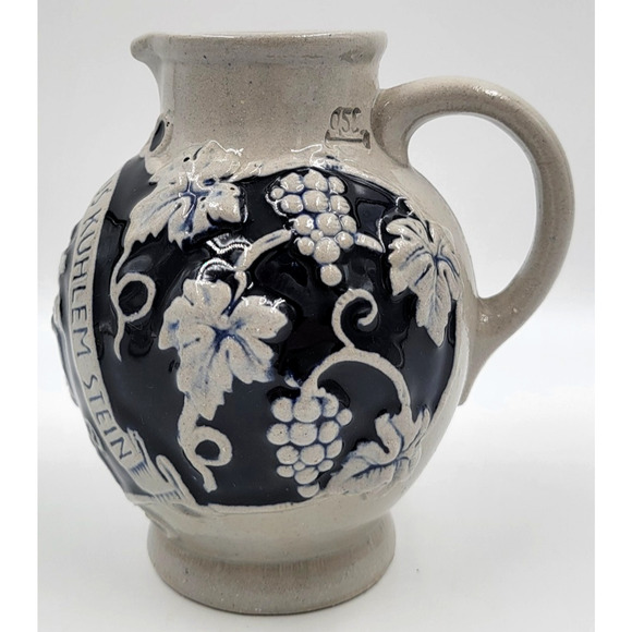 Marzi & Remy German Pottery Pitcher 5 1/2" Jug Blue Gray Grapes Wine - Picture 2 of 7